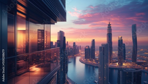 High-rise balcony overlooking Dubai skyline at sunrise