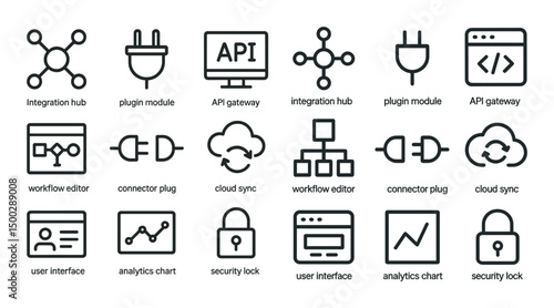 Tech and software outline icons set – digital, api, cloud connection symbols