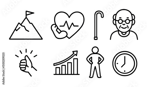 Retirement and senior care line icons set – outline, elder, healthcare symbols