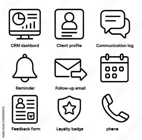 CRM Icons Grid. Outline icon set of client relationship management: CRM dashboard, client profile, communication log, reminder