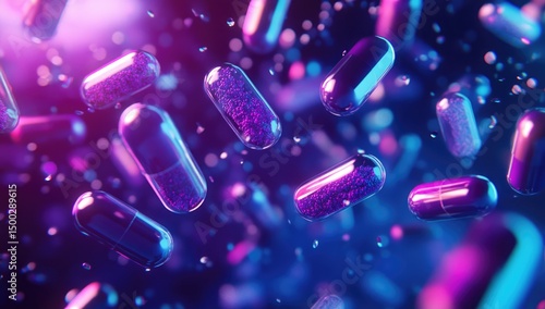 Floating vibrant purple and blue pills in a neon light