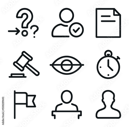 Cross-Examination Icon Set. Outline icon set of cross-examination techniques: leading question mark, credibility icon, prior