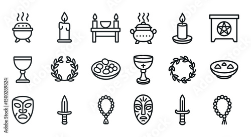 Mystical ritual outline icons set – wiccan, spiritual, ceremonial symbols