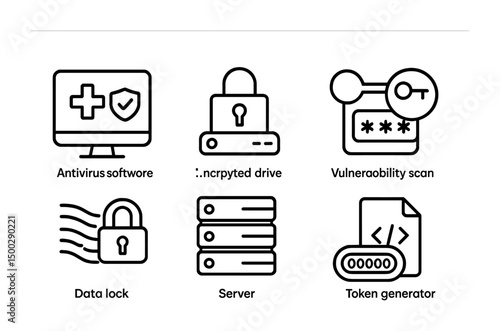 Antivirus and security outline icons set – linear, protection, software symbols
