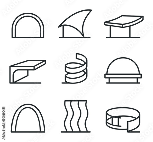 Curved Architectural Icons. Outline icon set of sponge garden illuminated by sunlight: tube sponge, barrel sponge, encrusting