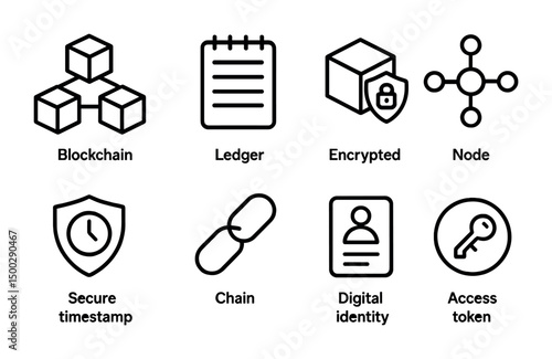 Blockchain and security line icons set – outline, encrypted, digital ledger symbols