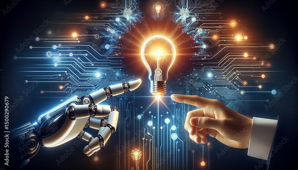 Obraz premium This is a symbolic representation of the meeting of technology and humanity, showcasing innovation and progress. 