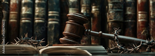 Gavel, books, and crown of thorns