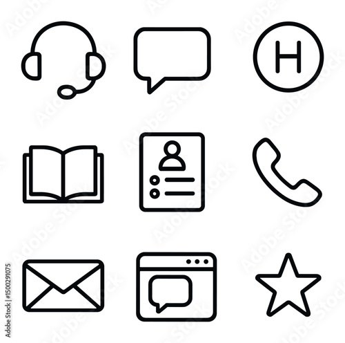Customer Support Icons. Outline icon set of coffee and reading ritual: steaming cup, open book, saucer, biscotti, heart foam art,