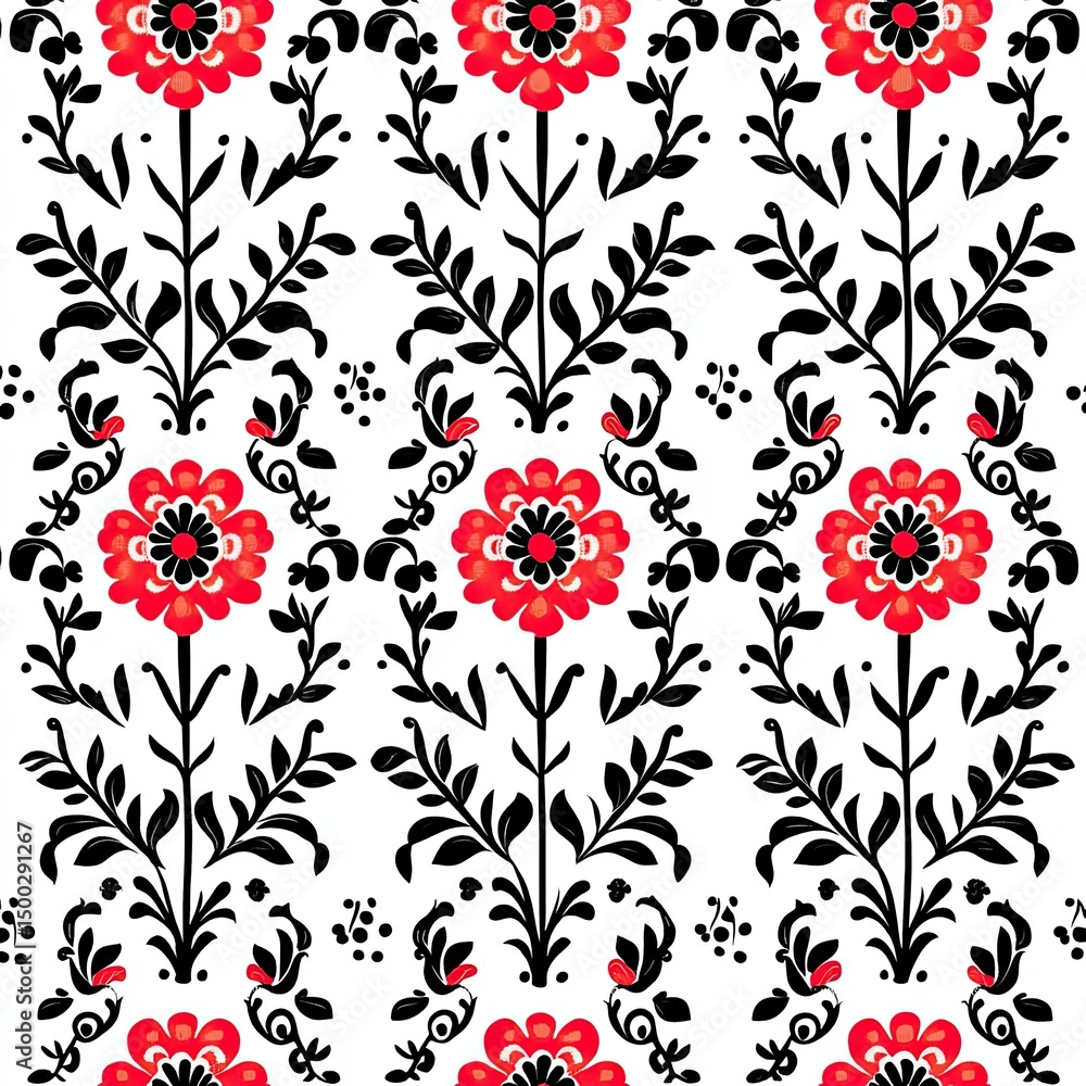 Obraz premium Red and black floral damask pattern on white background