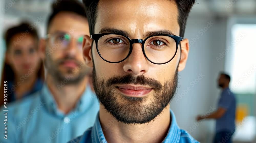 Focused Confidence: A detailed view of a confident, well-groomed man, enhanced by eyewear, leading a team, symbolizing leadership and vision in a contemporary workplace. Focused Confidence: A detailed view of a confident, well-groomed man, enhanced by eyewear, leading a team, symbolizing leadership and vision in a contemporary workplace.