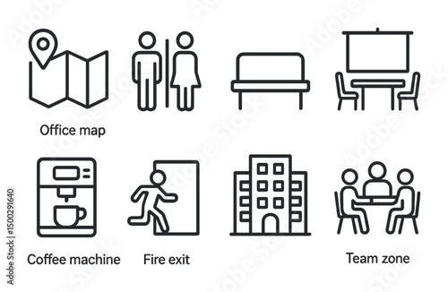 Office essentials outline icons set – linear, business, workplace symbols