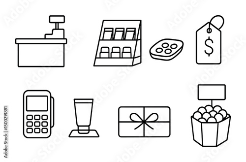 Retail and shopping outline icons set – commerce, transaction, marketing visuals