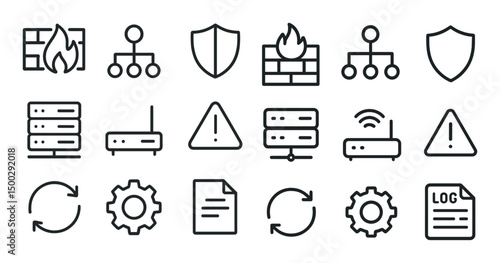Cybersecurity and network outline icons set – firewall, security, data protection symbols