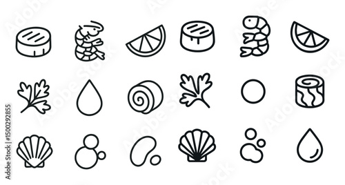 Seafood and culinary icons set – outline, linear, cooking and kitchen symbols