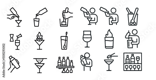 Cocktail and bartending line icons set – outline, mixology, drink preparation symbols