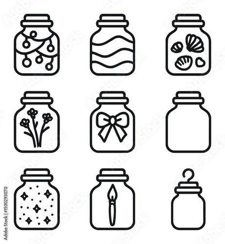 Decorative Jar Icons. Outline icon set of photo memories: camera, photo frame, scrapbook, instant photo, photo album, film roll,