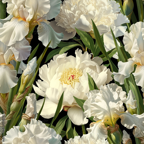 Seamless vector pattern with white peony and iris flowers isolated on a changeable background. Vintage painting style illustration.