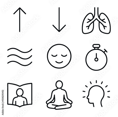 Deep Breathing Icons. Outline icon set of deep breathing exercises: inhalation arrow, exhalation arrow, lung icon, breath waves,