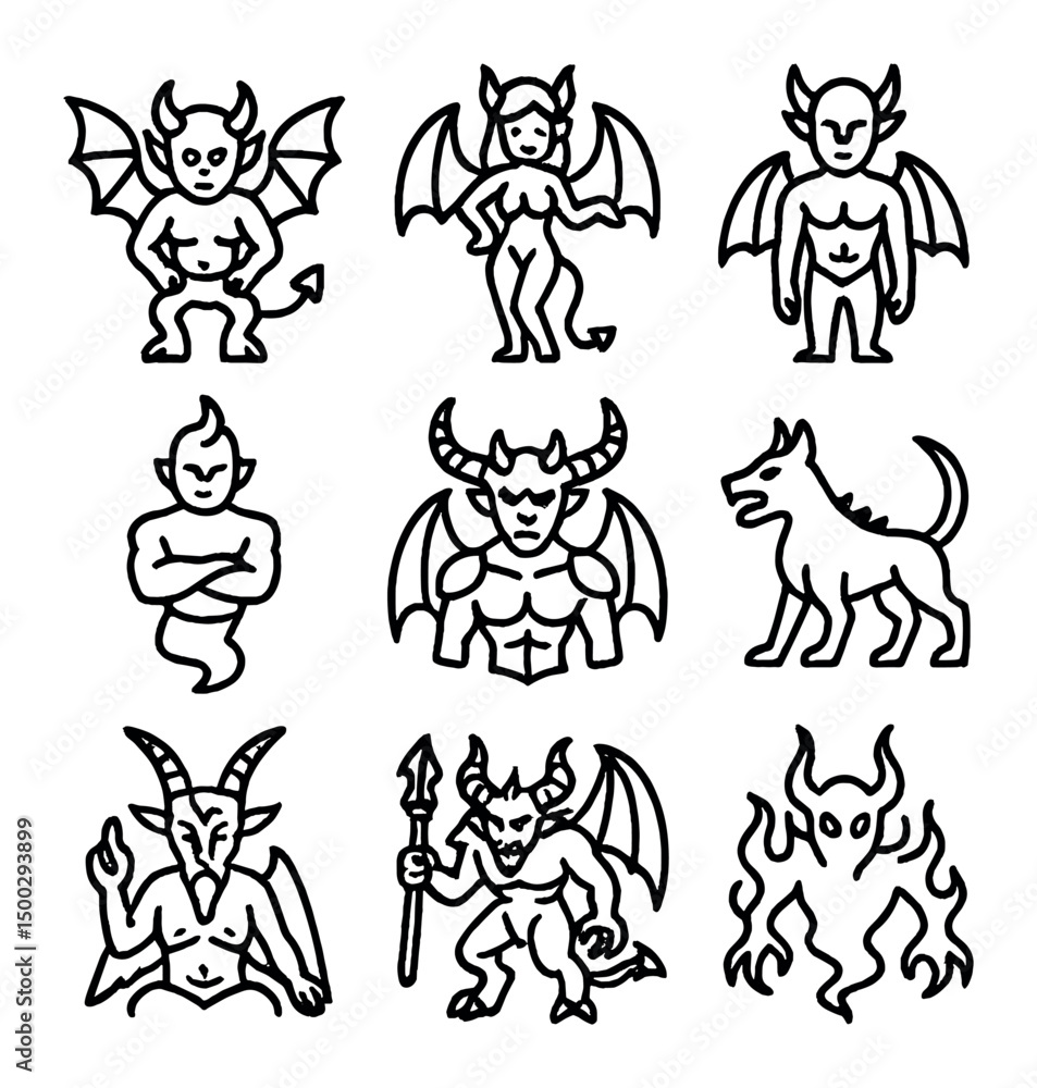 Demonic Icons Outline. Outline icon set of demonic entities: Imp, Succubus, Incubus, Djinn, Archdemon, Hellhound, Baphomet, Pit Demonic Icons Outline. Outline icon set of demonic entities: Imp, Succubus, Incubus, Djinn, Archdemon, Hellhound, Baphomet, Pit
