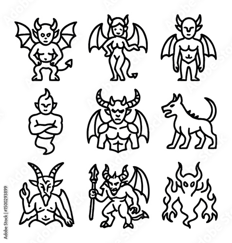 Demonic Icons Outline. Outline icon set of demonic entities: Imp, Succubus, Incubus, Djinn, Archdemon, Hellhound, Baphomet, Pit