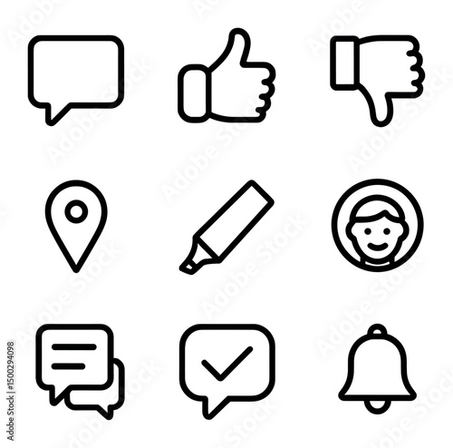 Design Feedback Icons. Outline icon set of real-time design feedback: chat bubble, thumbs-up, thumbs-down, annotation pin,