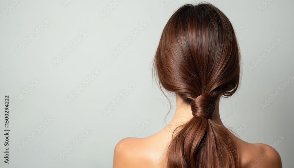 Naklejka premium Woman with long shiny brown hair tied in ponytail against grey background. Haircare inspiration, deep conditioning treatment. Ideal for hair salon advertisement, beauty product promotion. Healthy