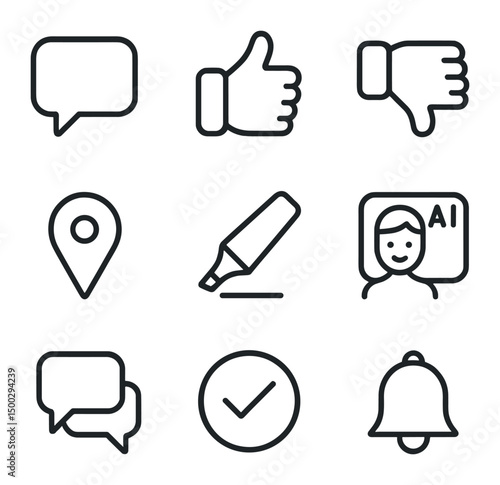 Design Feedback Icons. Outline icon set of real-time design feedback: chat bubble, thumbs-up, thumbs-down, annotation pin,