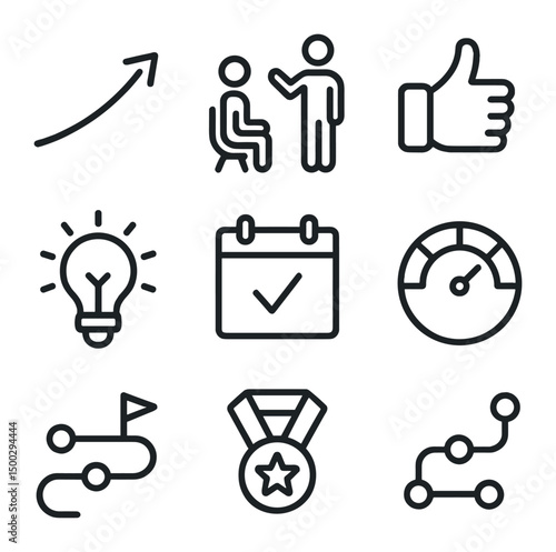 Development Icon Set. Outline icon set of ongoing development & feedback: growth arrow, coaching icon, feedback thumbs-up,