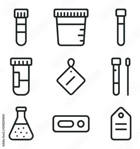 Diagnostic Fluids Icon Set. Outline icon set of clinical diagnostic fluids: blood plasma tube, urine sample cup, cerebrospinal