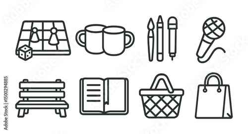 Leisure and recreation outline icons set – linear, line, hobby and activity symbols