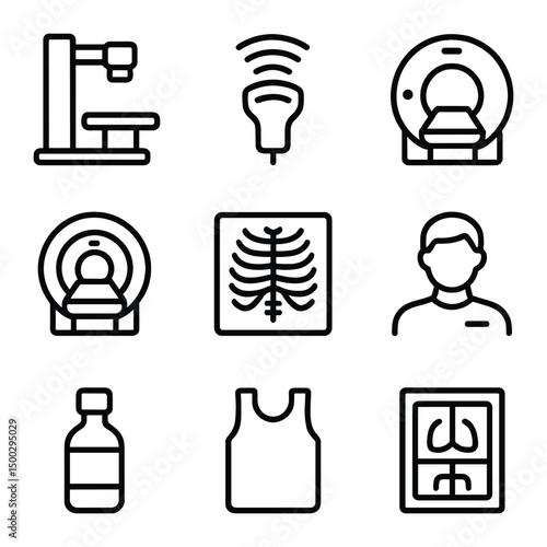Diagnostic Imaging Icons. Outline icon set of diagnostic imaging: X-ray machine, ultrasound probe, MRI scanner, CT scanner,