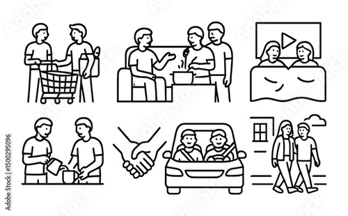 Family activities line icons set – outline, leisure and lifestyle symbols