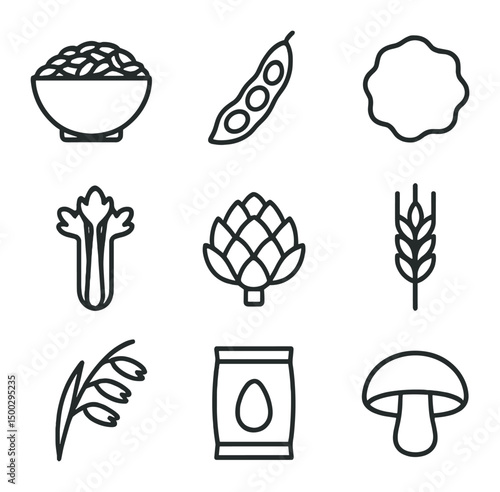 Dietary Fiber Icons. Outline icon set of dietary fiber sources: whole grain bowl, legume pod, bran flake, celery stalk, artichoke
