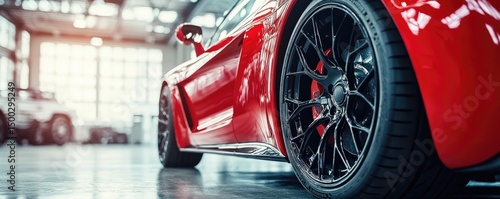 Close-up of a red sports car in a garage