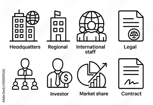 Business and office outline icons set – linear, corporate and professional symbols