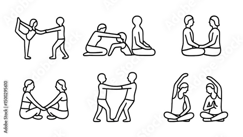 Yoga practice outline icons set – linear, meditative, mindfulness symbols