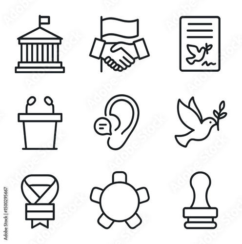 Diplomatic Icons Set. Outline icon set of diplomatic exchanges: embassy building, handshake over flag, treaty document, podium