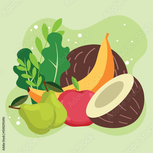 Coconut banana and pears set. Vector