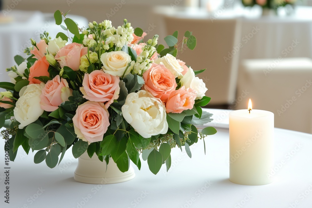 Peach and White Floral Centerpiece with Candles Peach and White Floral Centerpiece with Candles