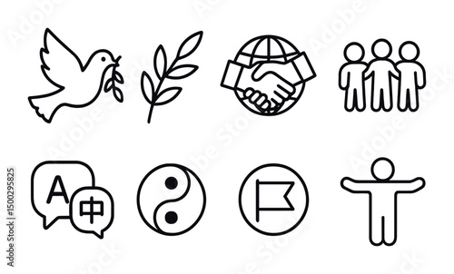 Peace and unity outline icons set – symbols of harmony, international, cooperation