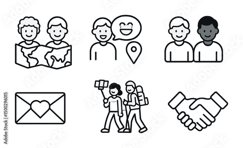 Social interaction outline icons set – communication, connection, friendship symbols