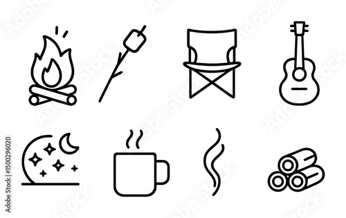 Camping and outdoor line icons set – silhouette, adventure and nature symbols