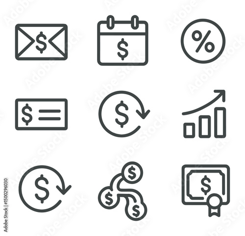 Dividend Investing Icons. Outline icon set of dividend investing: dividend envelope, payout calendar, yield percent badge, check