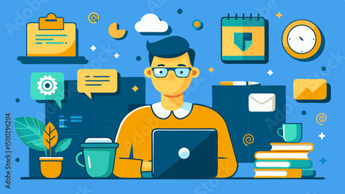 Modern Workspace: A vibrant illustration of a person focused at a laptop, surrounded by work-related icons and objects. Depicting focus and productivity.