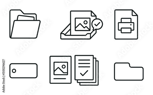 Office supplies line icons set – document, folder, stationery essentials