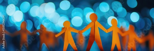 Paper people figures linked together against a backdrop of blurred blue lights