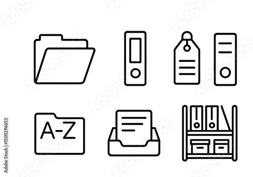 Office organization outline icons set – minimalist, linear, filing system symbols