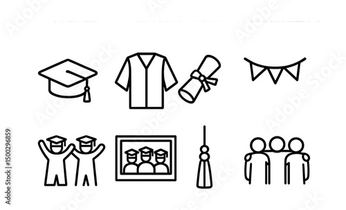 Graduation celebration line icons set – outline, academic, ceremony symbols