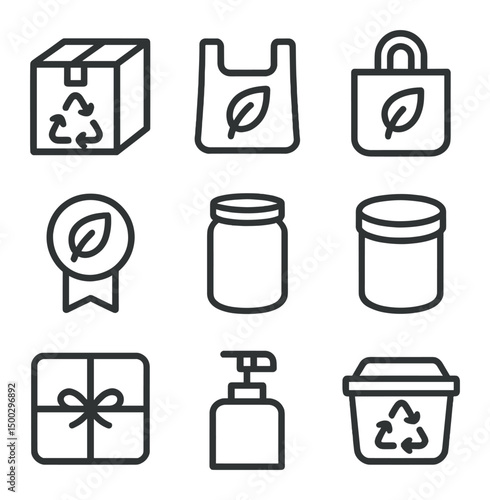 Eco Packaging Icons. Outline icon set of hemoglobin oxygenation: hemoglobin tetramer, oxygen molecule, red cell, saturation